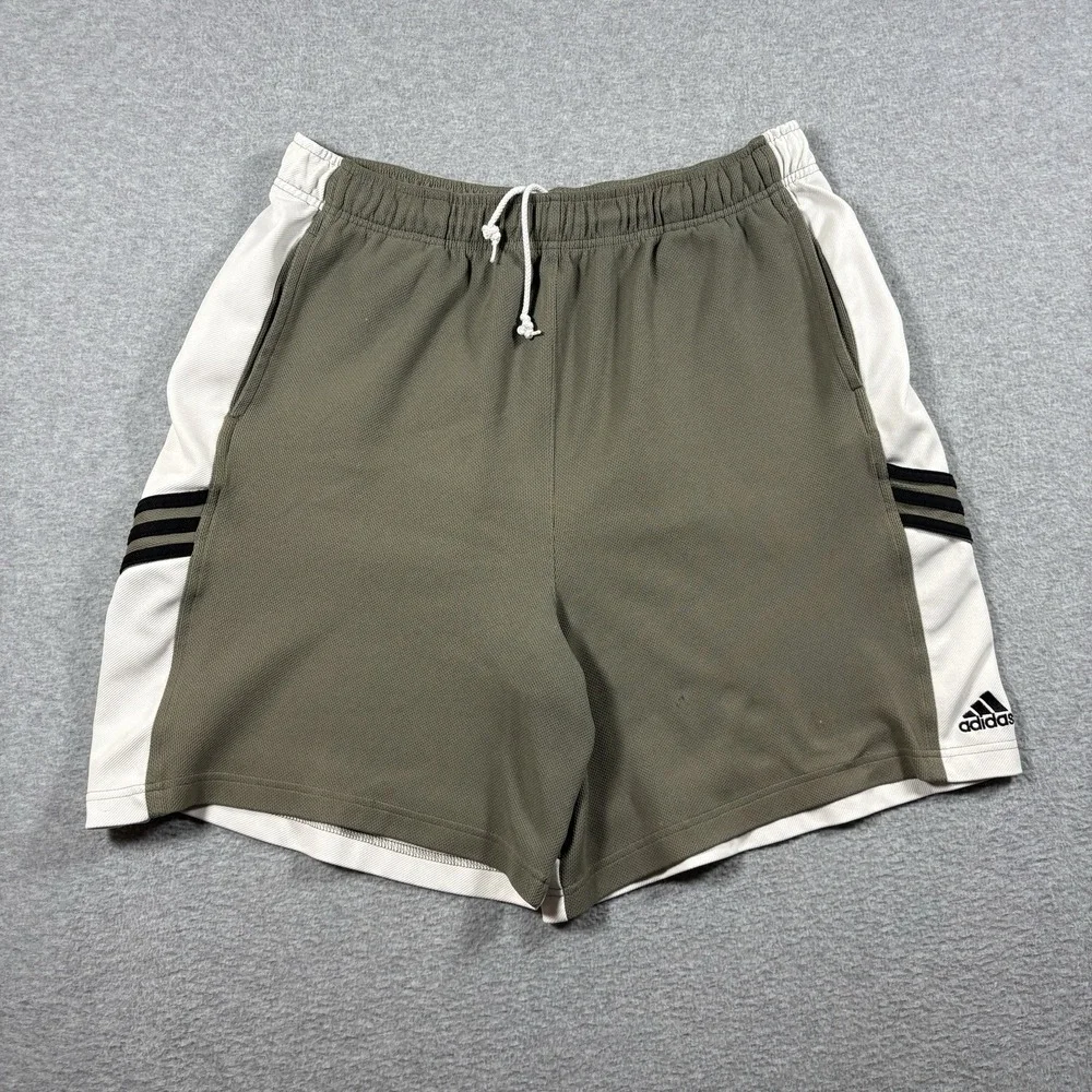 Vtg 90s Adidas Shorts Mens Large Olive Green Cream Mesh 3 Stripe Athletic Baggy
